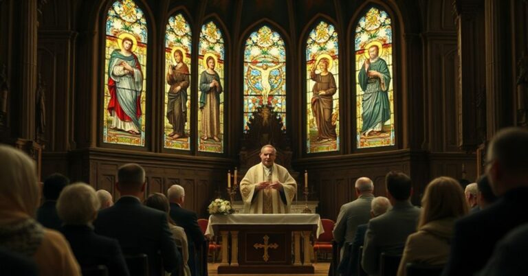 Wnętrze tradycyjnego kościoła katolickiego podczas uroczystości 11 listopada. Pseudo-biskup Włodarczyk wygłasza przemówienie, podczas gdy wierni wyrażają różne reakcje na jego modernistyczną interpretację historii Polski.