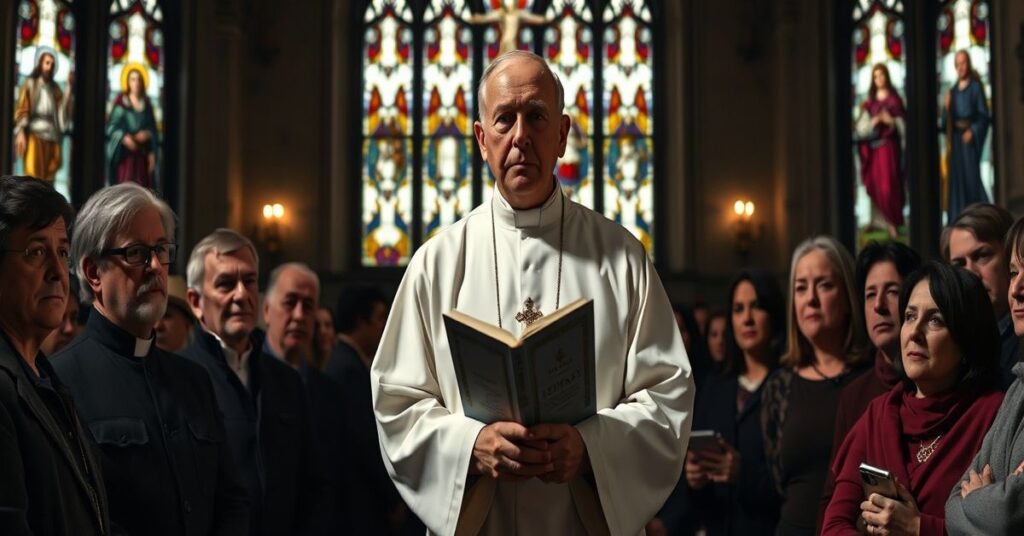 Książ w tradycyjnym ornacie stoi przed grupą wiernych w ciemnym koście. Scena oddaje moralny kryzys wspierania polityki antykatolickiej.