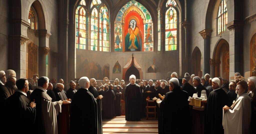 Wnętrze katolickiej katedry z tradycyjnymi witrażami, na pierwszym planie grupa duchownych i wiernych obserwujących przedstawienie dokumentu przez Agatę Skowron-Nalborczyk i Krzysztofa Mucharskiego.