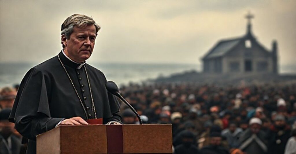 Scena ukazująca kryzys migracyjny w Wielkiej Brytanii z perspektywy katolickiej, podkreślająca apostazję Zachodu.