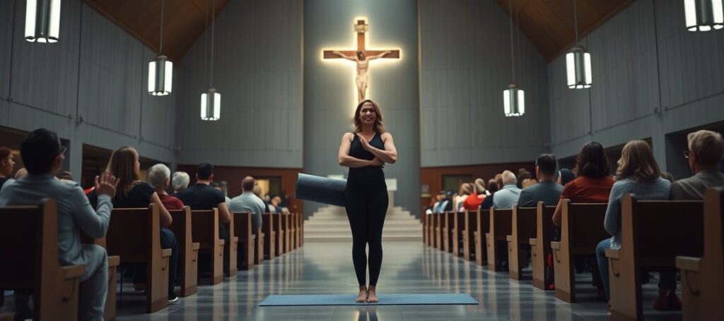 Kobieta w treningowym stroju wykonuje pozę jogi w nowoczesnym kościele podczas pseudo-uroczystości religijnej — przedstawienie apostazji i komercjalizacji wiary w neokościele posoborowym