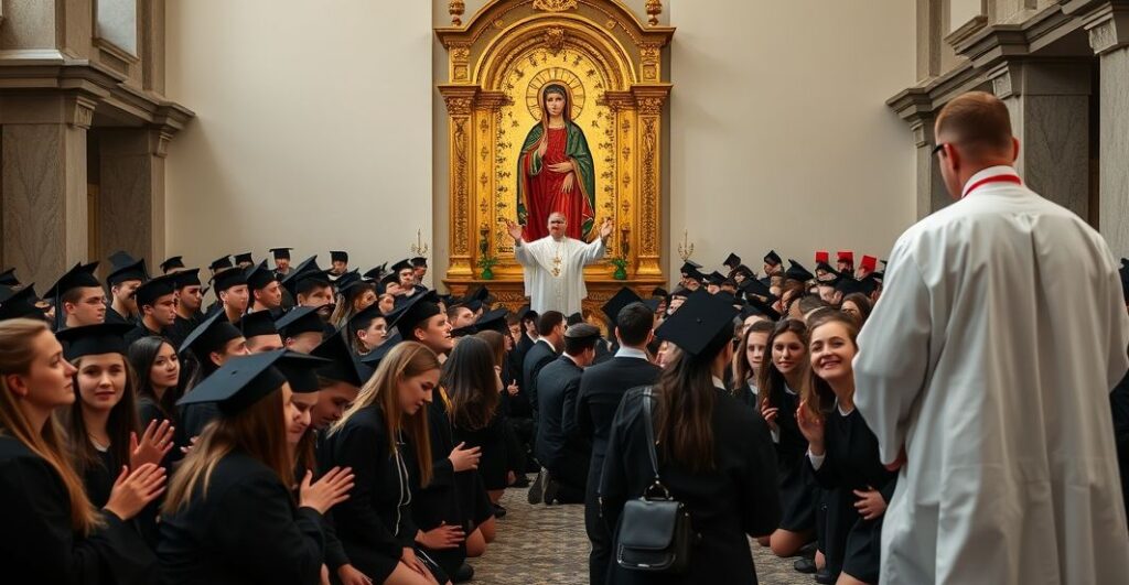 Grupa maturzystów modląca się przed obrazem Matki Boskiej Jasnogórskiej, symbolizując współczesną, lecz apostazyjną praktykę religijną.