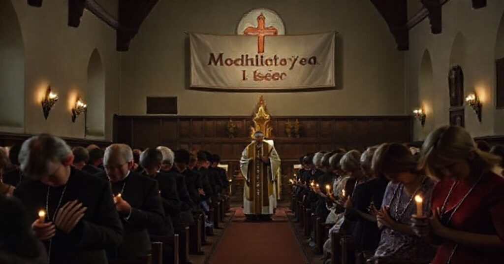 Grupa wiernych modli się w tradycyjnym kościele katolickim podczas zebrania Apostolatu Margaretka w Bydgoszczy.