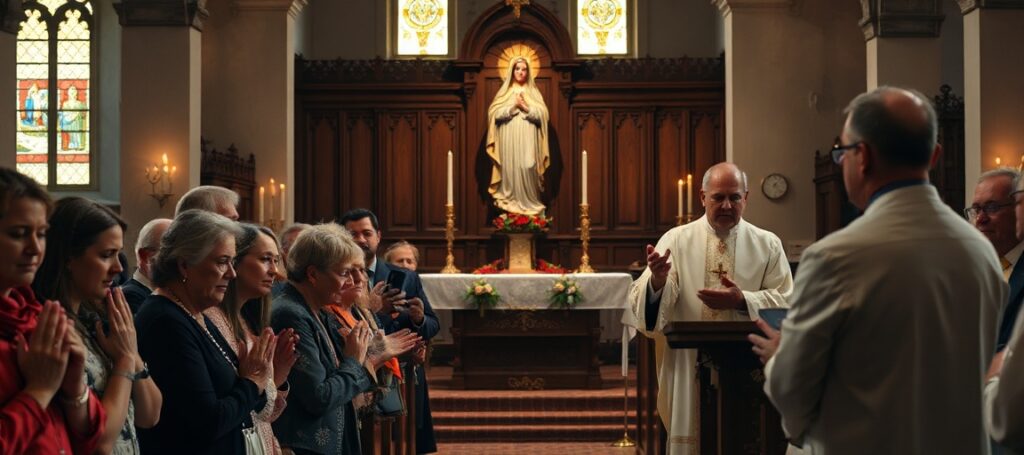 Uroczysta msza w tradycyjnym kościele katolickim z grupą wiernych modlących się podczas spotkania Apostolatu Maryjnego.