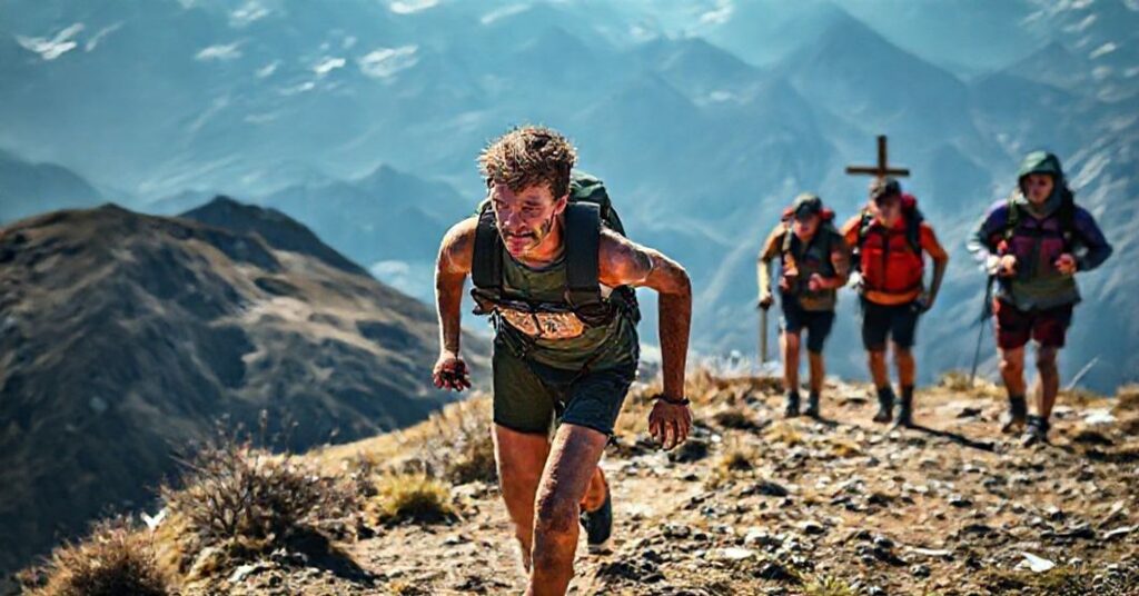Młody mężczyzna w trudach podczas ultramaratonu w ramach apostolatu Sebaste, kierowanego przez Johnny'ego Kuplacka. Scena pełna dramatyzmu i emocji.