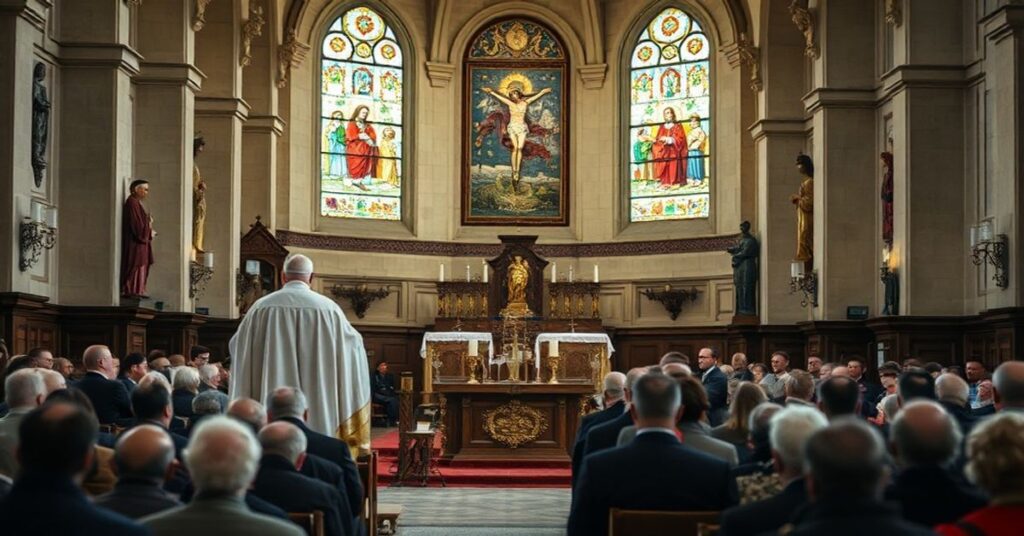 Wnętrze bazyliki franciszkanów w Katowicach-Panewnikach podczas zebrania Apostolstwa Chorych z "abp" Andrzejem Przybylskim