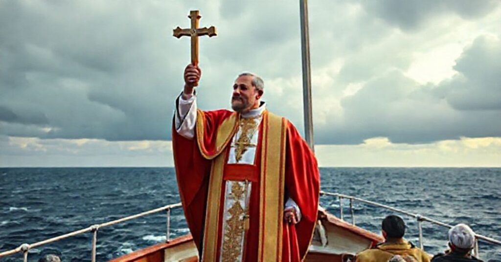 Ksiądz w tradycyjnych szatach kościelnych błogosławi marynarzy na pokładzie statku pod burzliwym niebem