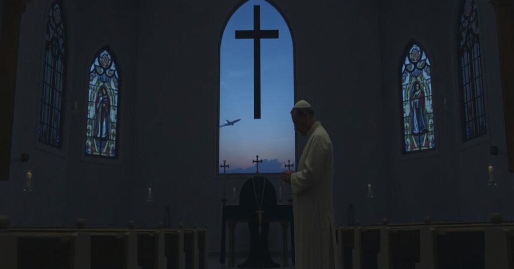 Zamknięty kościół katolicki w Kuwejcie z przyciemnionym wnętrzem i samotnym duszpasterzem w modlitwie, z zewnątrz widoczny ślad pocisku