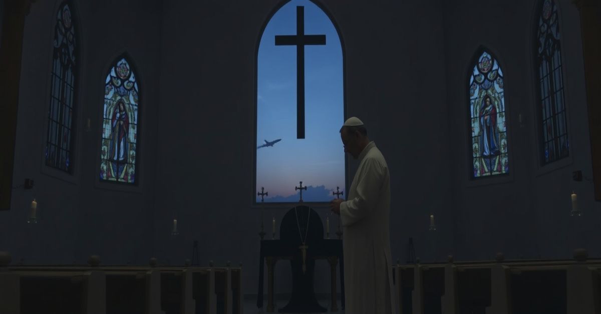 Kościoły zamknięte w Arabii Północnej - kapitulacja przed bezpieczeństwem Zamknięty kościół katolicki w Kuwejcie z przyciemnionym wnętrzem i samotnym duszpasterzem w modlitwie, z zewnątrz widoczny ślad pocisku