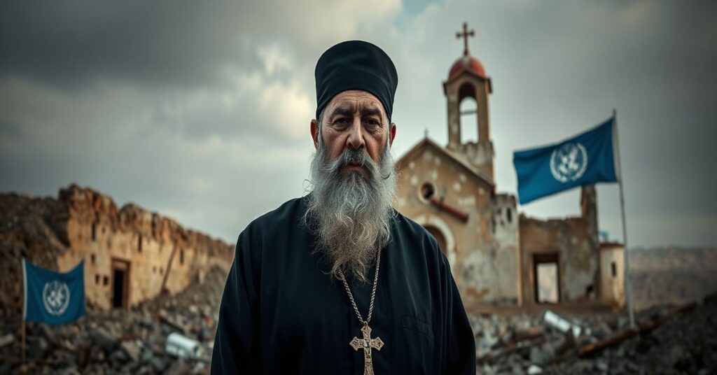 Portret Arama I Kesziszjana przed zrujnowanym kościołem na Bliskim Wschodzie w czasie wojny