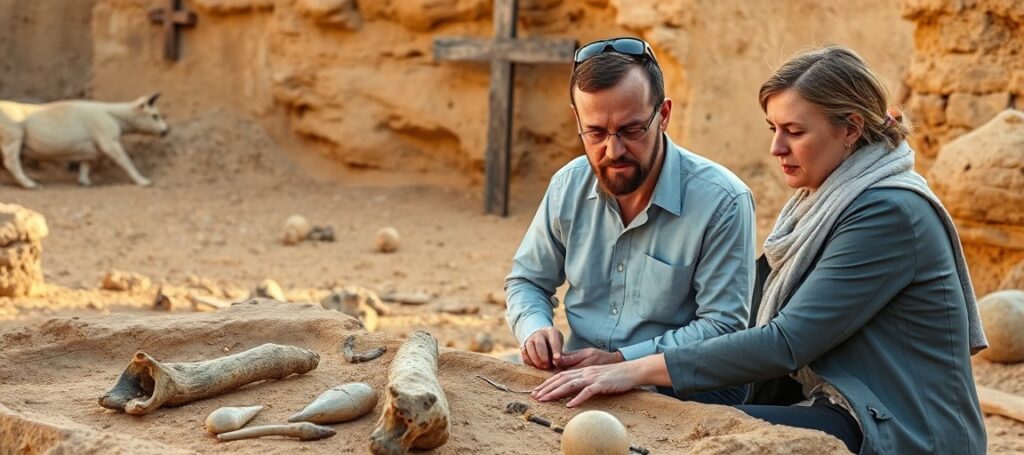 Profesor Piotr Osypiński i prof. Marta Osypińska badają narzędzia krzemienne i szczątki zwierząt na starożytnym stanowisku archeologicznym w Sudanie lub Egipcie.