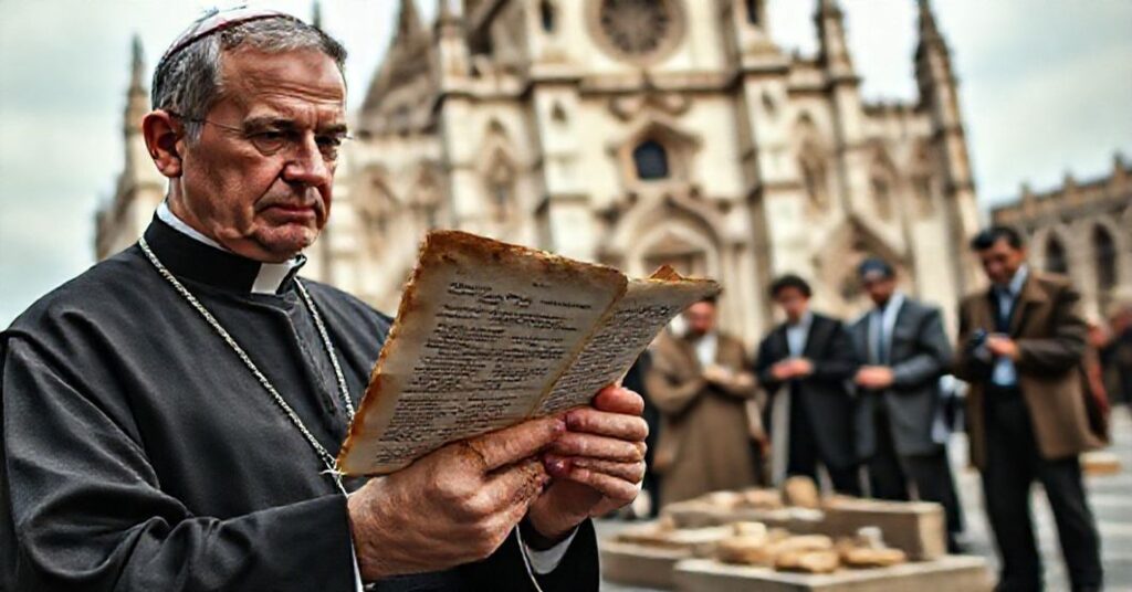 Priest trzymający list antypapieża Leona XIV w tradycyjnym kościele gotyckim.