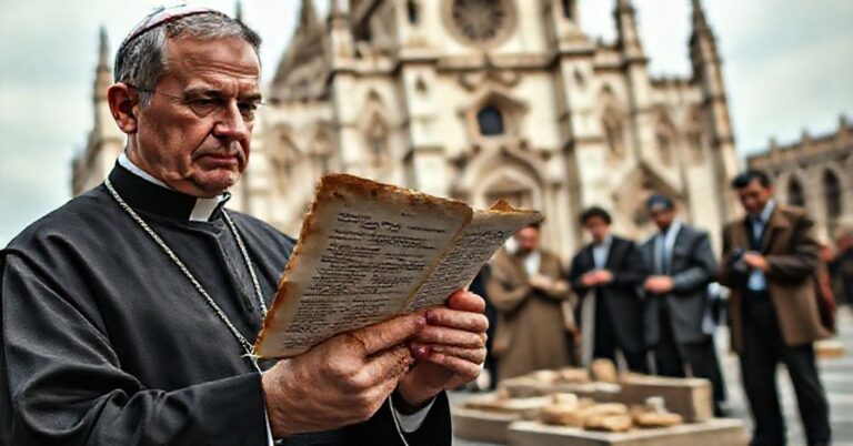 Priest trzymający list antypapieża Leona XIV w tradycyjnym kościele gotyckim.