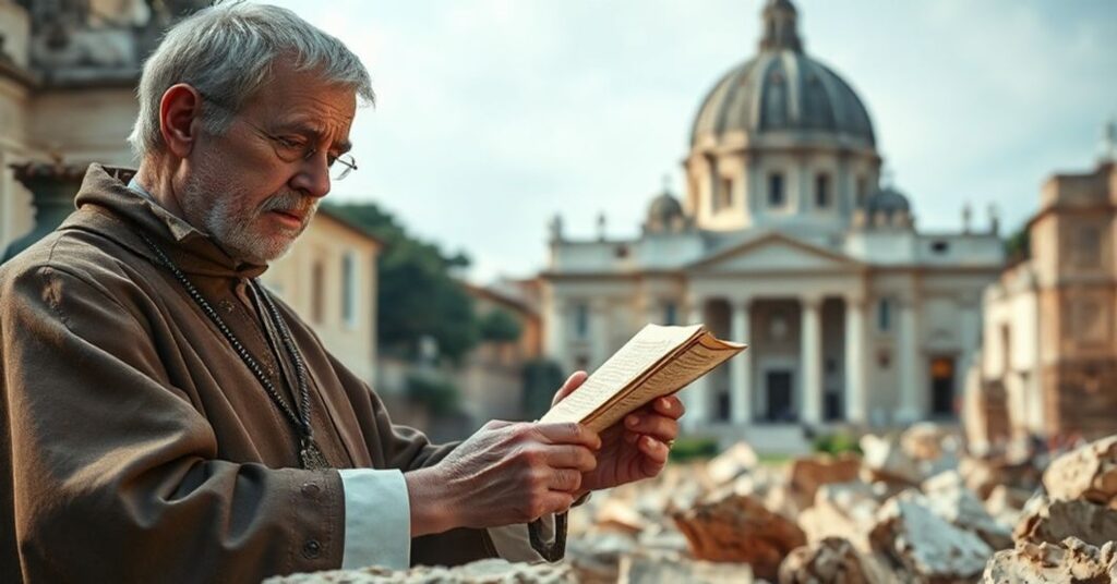 Tradycyjny katolicki archeolog badający sztukę chrześcijańską na tle Rzymu z widoczną kopułą bazyliki św. Piotra.