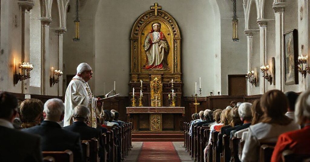 Pusty kościół z biskupem w modernistycznych szatach liturgicznych, apatyczna zgromadzona grupa wierzących i zaniedbany obraz Matki Bożej Częstochowskiej na tle duchowej pustki