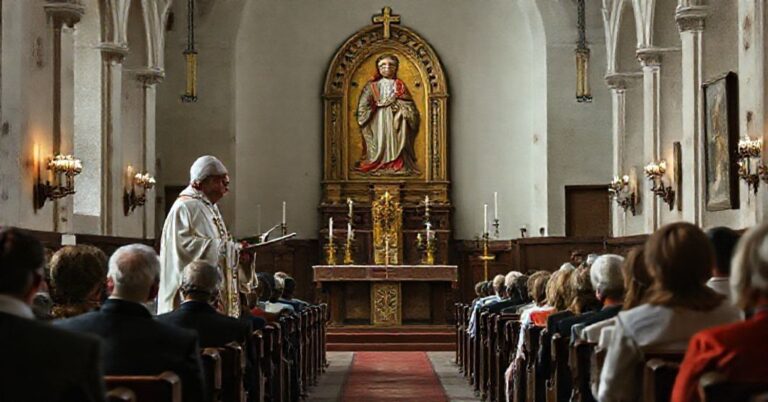 Pusty kościół z biskupem w modernistycznych szatach liturgicznych, apatyczna zgromadzona grupa wierzących i zaniedbany obraz Matki Bożej Częstochowskiej na tle duchowej pustki