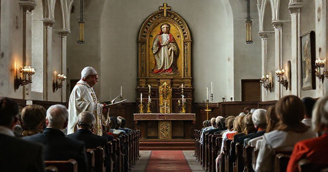 Pusty kościół z biskupem w modernistycznych szatach liturgicznych, apatyczna zgromadzona grupa wierzących i zaniedbany obraz Matki Bożej Częstochowskiej na tle duchowej pustki