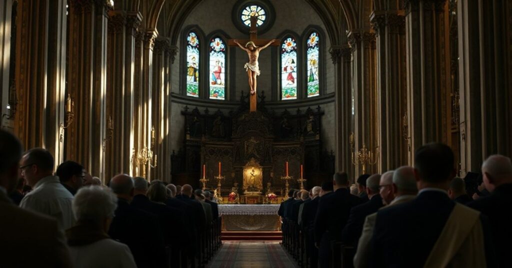 Wnętrze archikatedry wileńskiej podczas tradycyjnej mszy katolickiej z widokiem na ołtarz główny i krucyfiks.