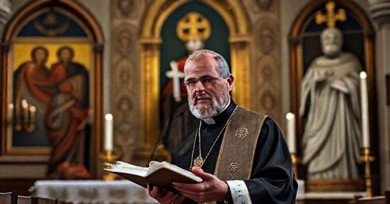 Archiprezbiter Adam Szal w sanktuarium św. Jana z Dukli, z tłem tradycyjnych katolickich ikon i rzeźby św. Szczepana Męczennika, symbolizujący zaniedbanie prawdziwego męczeństwa przez hierarchię posoborową.