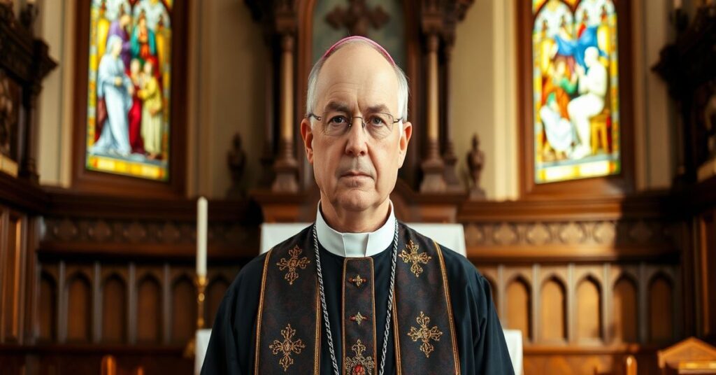 Arcybiskup Andrzej Jóżowicz w tradycyjnych szatach biskupich stoi w kościele z witrażami przedstawiającymi sceny z Ewangelii.