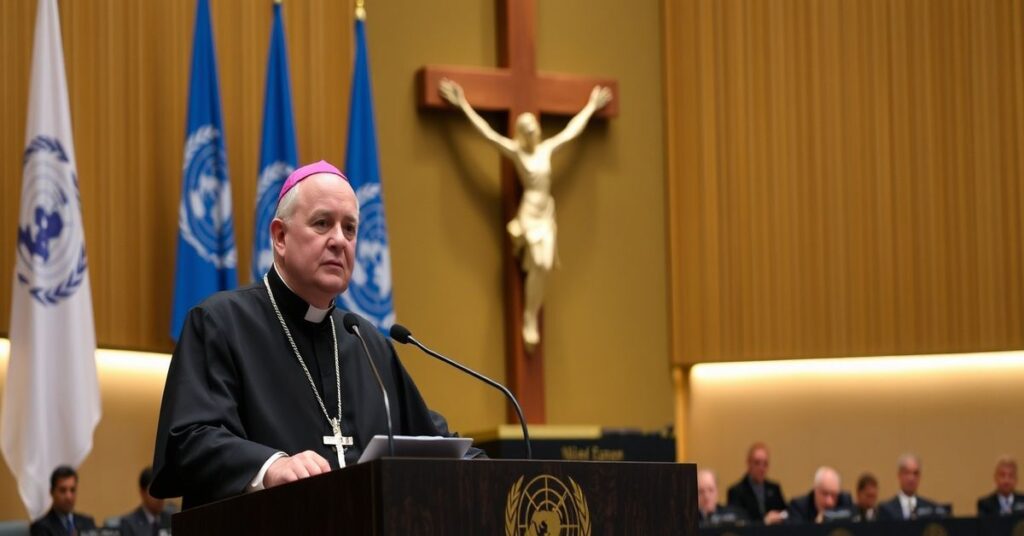 Arcybiskup Ettore Balestrero przemawia na konferencji ONZ w Genewie w 2026 roku. Na tle duży krzyż symbolizujący prześladowanie chrześcijan.
