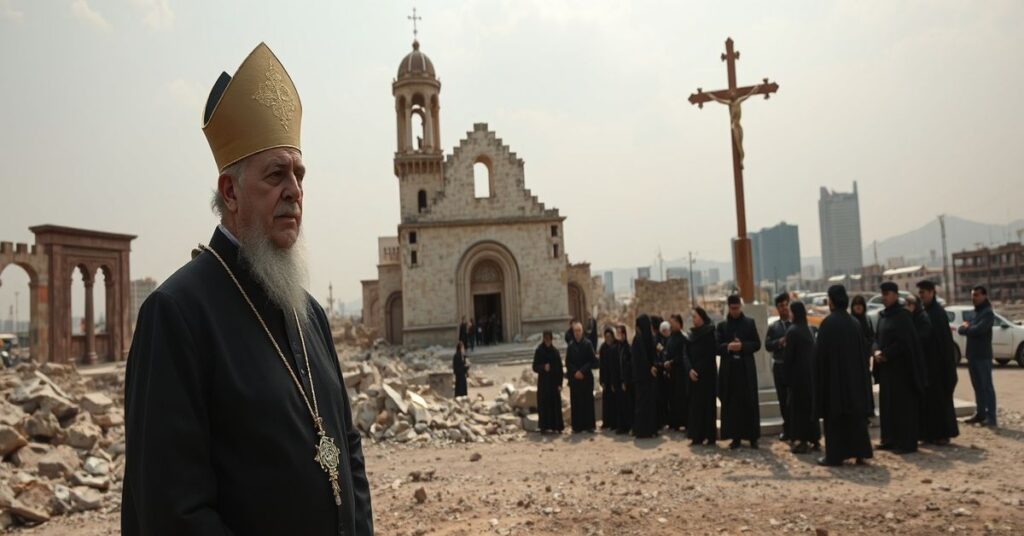 Scena w Erbilu w Iraku przedstawiająca Arcybiskupa Baszara Matti Wardę przed ruinami kościoła, symbolizująca niszczenie chrześcijańskiego dziedzictwa. W tle zbierają się iraccy chrześcijanie.