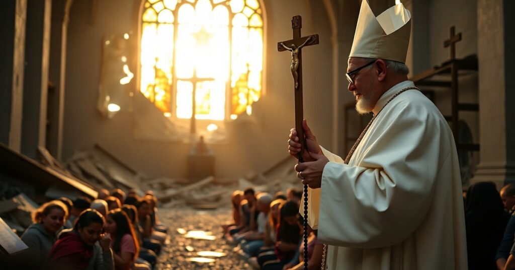 Arcybiskup Raúl Biord Castillo błogosławi wiernych wśród zrujnowanego kościoła w Wenezueli po trzęsieniu ziemi