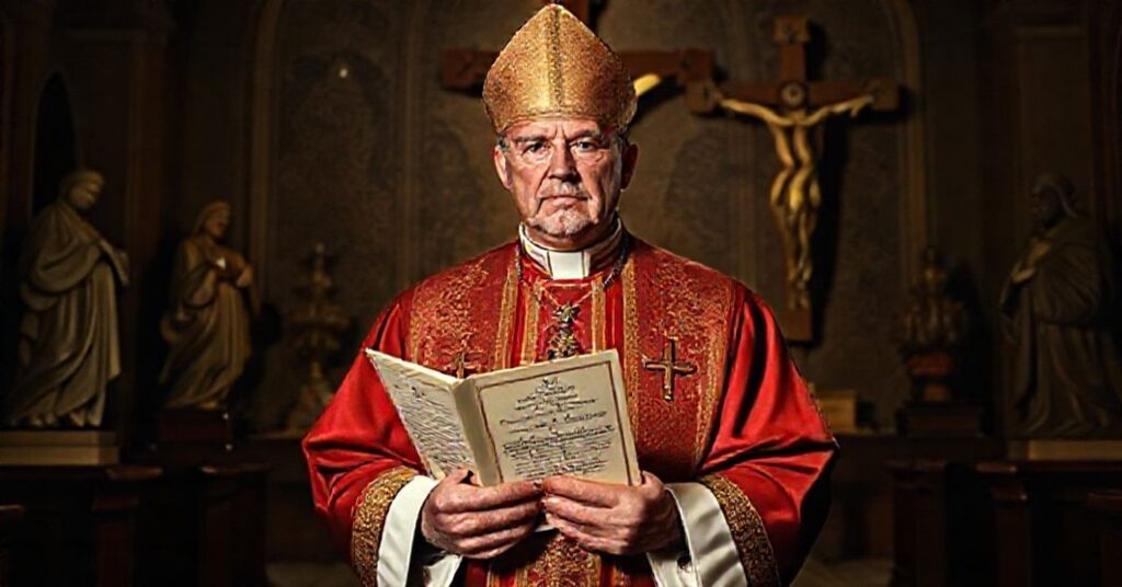 Portret „arcybiskupa” Timothiego Brogli w tradycyjnych habitach wojskowych w kaplicy z rzeźbami świętych i krzyżem. Tło przedstawia zgniliznę moralną współczesnej etyki wojskowej.