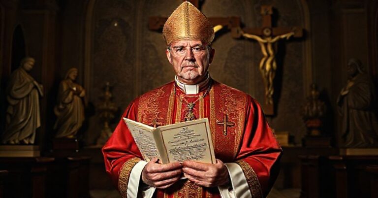 Portret „arcybiskupa” Timothiego Brogli w tradycyjnych habitach wojskowych w kaplicy z rzeźbami świętych i krzyżem. Tło przedstawia zgniliznę moralną współczesnej etyki wojskowej.