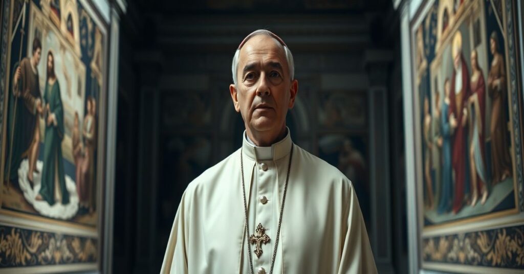 Arcybiskup Gabriele Giordano Caccia w Watykanie, symbolizujący upadek Kościoła pod władzą modernistycznych przywódców