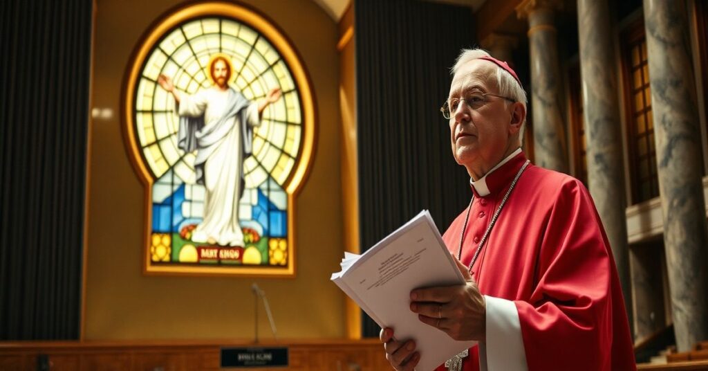 Arcybiskup w tradycyjnym stroju kościelnym przemawiający przed ONZ