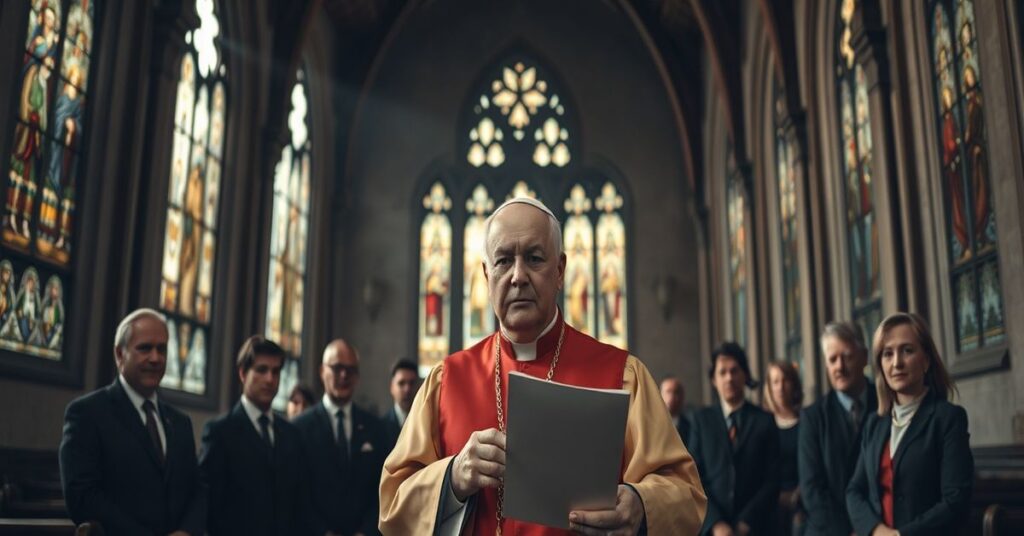 Arcybiskup Wacław Depo stoi w tradycyjnym kościele katolickim z grupą ekspertów badających krzywdy w archidiecezji częstochowskiej.