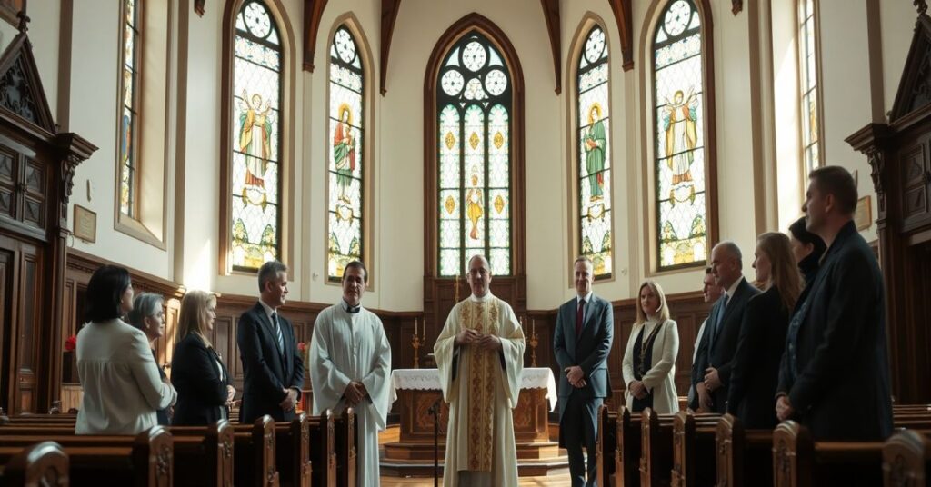 Wnętrze tradycyjnego kościoła katolickiego z arcybiskupem Depo i sekularnymi ekspertami