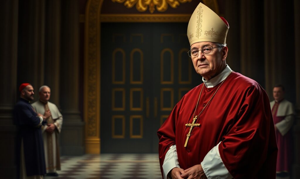 Portret arcybiskupa Fultona J. Sheena w tradycyjnych szatach kościelnych przed zamkniętymi drzwiami bazyliki w St. Louis.