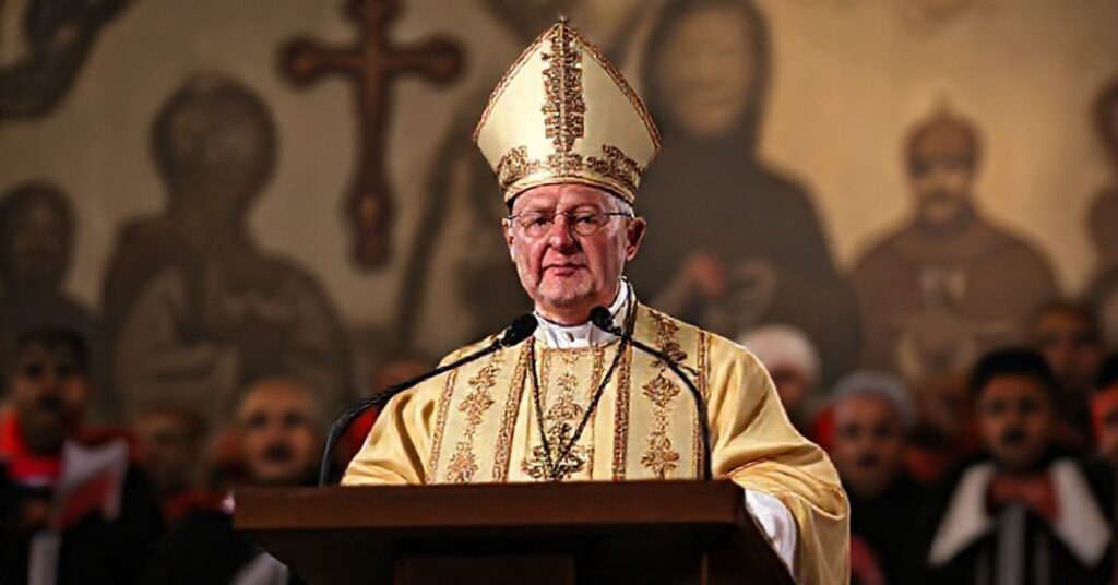 Arcybiskup Gądecki podczas przemówienia w Biedrusku 11 listopada 2025 roku, z tłem tradycyjnych katolickich symboli i subtelnymi kontrastami z elementami modernistycznymi.