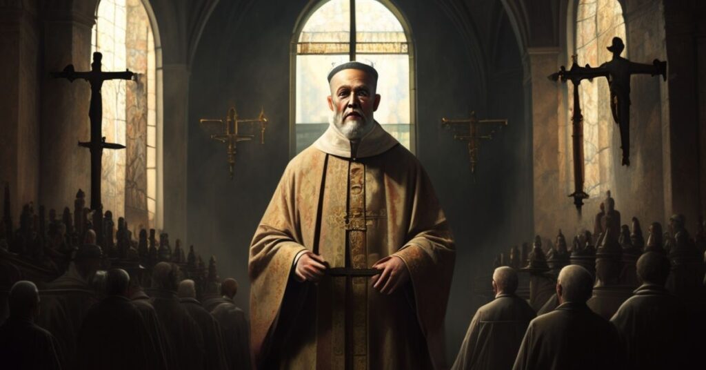 Arcybiskup Paul Richard Gallagher w tradycyjnym katolickim otoczeniu z krucyfiksami i tekstami religijnymi na tle, podkreślającym powagę tematu surrogacji.