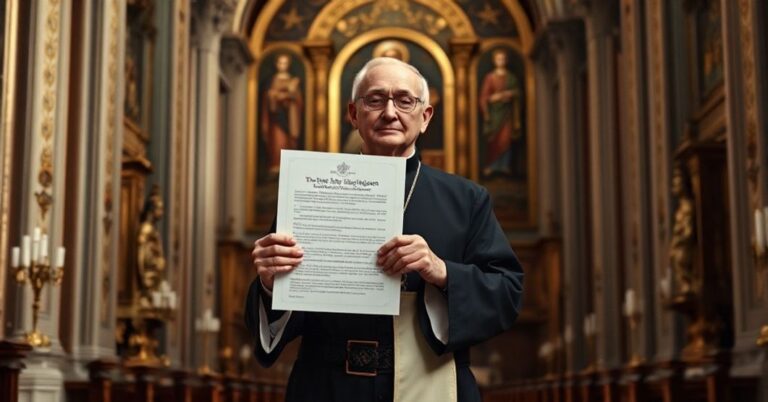Arcybiskup Georg Gänswein w katedrze podczas ceremonii beatyfikacyjnej Ratzingera, tło klasycznej sakralnej sztuki
