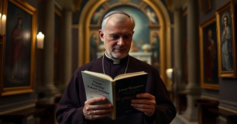 Wizerunek arcybiskupa Georga Gänsweina trzymającego książkę Benedykta XVI w wnętrzu Watykanu.