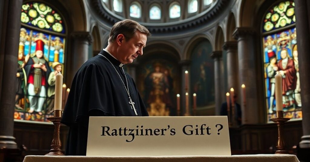 Portret arcybiskupa Gänsweina w bazylice św. Piotra z treścią krytyki modernistycznej hagiografii Ratzingera i Bergoglia