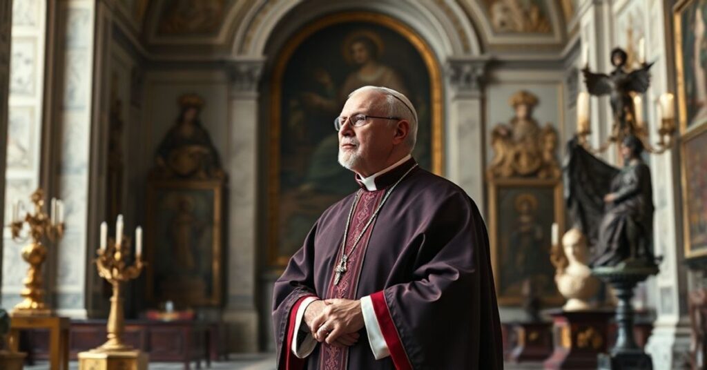 Arcybiskup Georg Gänswein stoi w Watykanie, symbolizujący krytykę modernistycznej 'normalizacji' w Kościele.