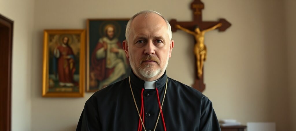 Portret arcybiskupa Tomasza Grysy w tradycyjnych szatach biskupich przed kaplicą w Ugandzie