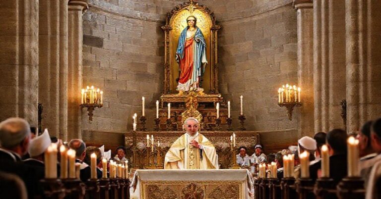 Uroczyście religijne w archikatedrze białostockiej z udziałem arcybiskupa Józefa Guzdka, skupione wokół tradycyjnego kultu Matki Bożej Miłosierdzia. Scena ukazuje kontrast między autentyczną pobożnością a nowoczesnymi deformacjami.