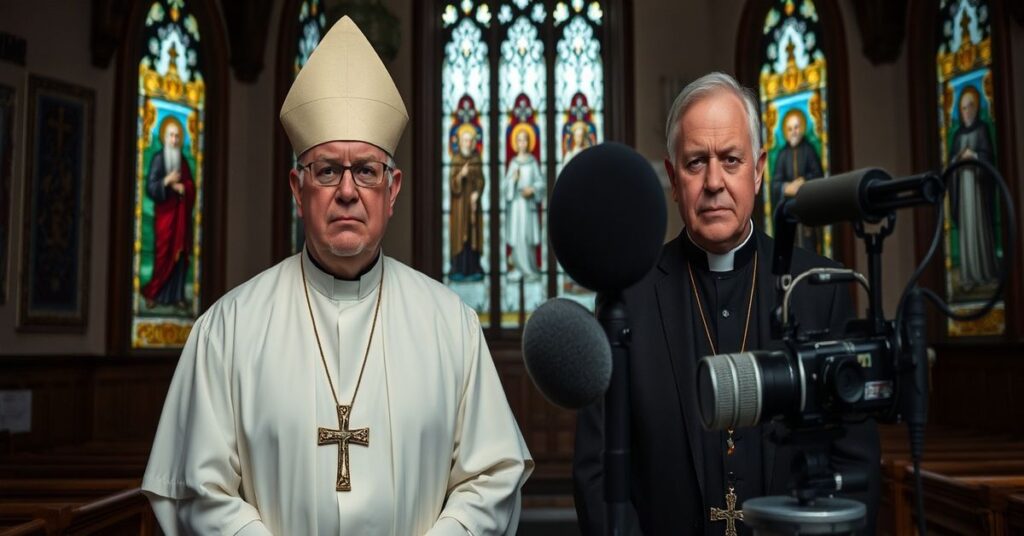 Arcybiskup Ronald Hicks i ksiądz Dave Dwyer prowadzą program radiowy w nowoczesnym kościele katolickim.