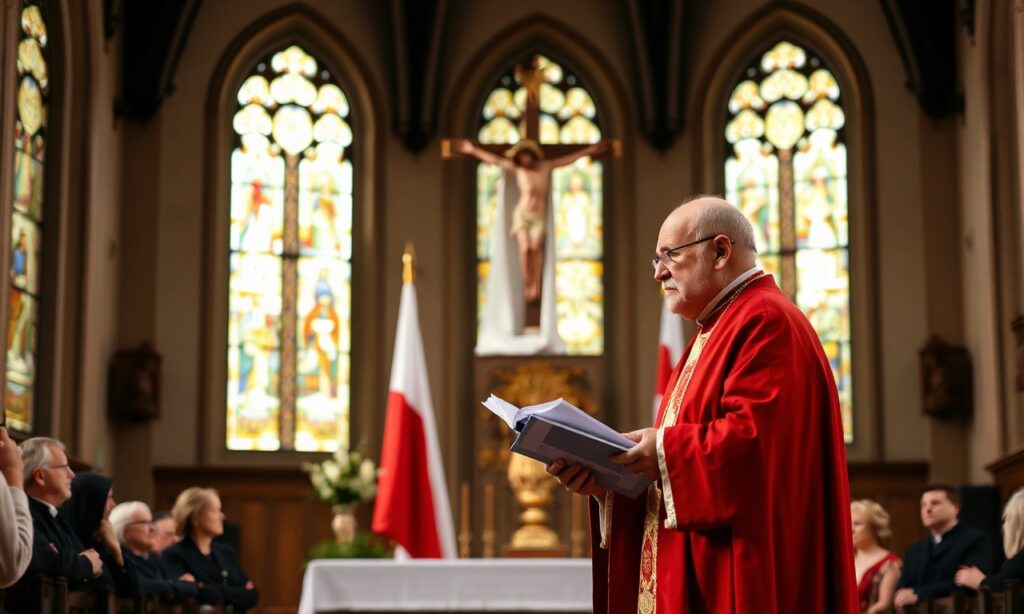 Arcybiskup Józef Górzyński podczas mszy św. w olsztyńskiej konkatedrze św. Jakuba w dniu 235. rocznicy uchwalenia Konstytucji 3 Maja.