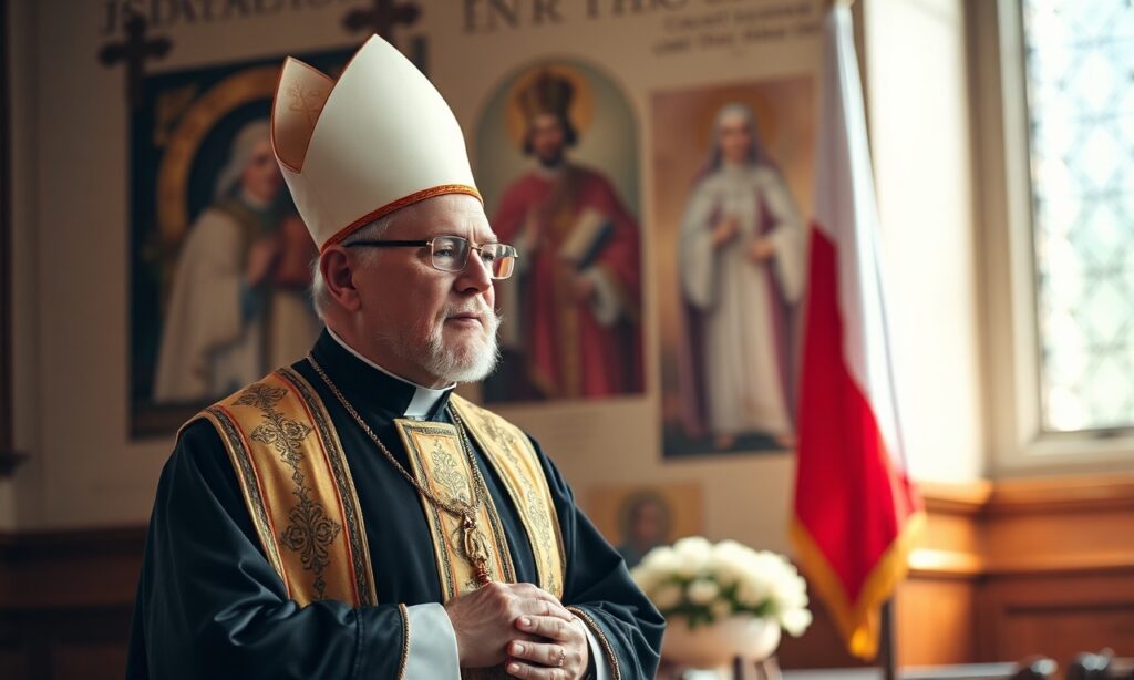 Obraz przedstawiający zmarłego arcybiskupa Józefa Michalika w tradycyjnych szatach kościelnych modląc się w spokojnym kościele. Na tle flagi Ukrainy i Polski symbolizują jedność pod kierownictwem Chrystusa Króla.
