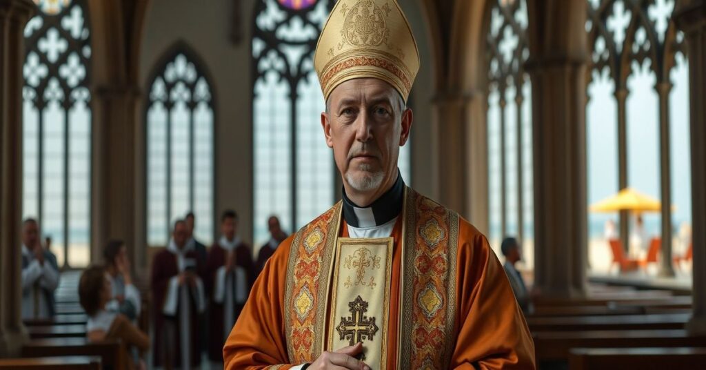 Portret modernistycznego 'arcybiskupa' Józefa Kupnego w tradycyjnych szatach biskupich w katedrze podczas Wielkiego Czwartku.