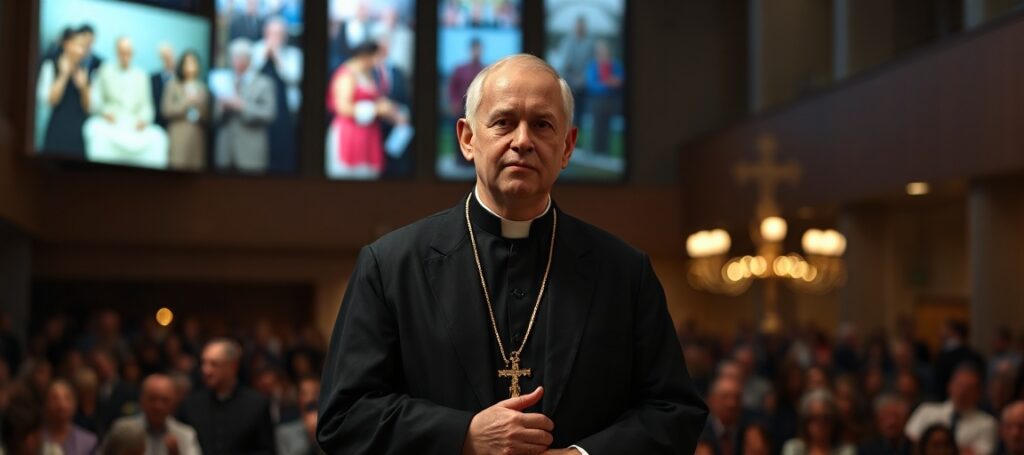 Portret arcybiskupa Józefa Kupnego w nowoczesnej katedrze, mówiącego o 'budowaniu jedności' bez wspominania Chrystusa Króla. W tle rozmyte obrazy ekumenicznych wydarzeń.