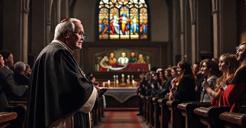 Wnętrze tradycyjnej kościelnej kaplicy z Arcybiskupem Bernardem Longleyem i aktywistami LGBT podczas mszy.