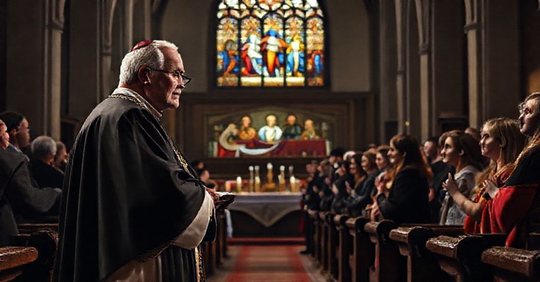 Arcybiskup Bernard Longley i modernistyczna herezja w strukturach kościelnych Wnętrze tradycyjnej kościelnej kaplicy z Arcybiskupem Bernardem Longleyem i aktywistami LGBT podczas mszy.