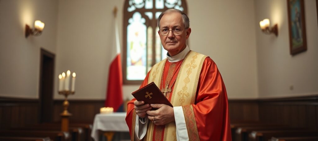 Arcybiskup Eugene Martin Nugent w tradycyjnym stroju biskupim stoi w skromnym kościele z ołtarzem i świecami
